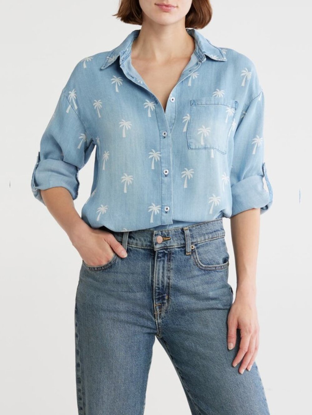 2/$30 Elie Tahari Palm Tree Print Chambray Button-Down Shirt Large #A5534